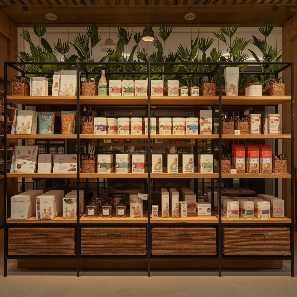 A neatly arranged retail display featuring various products on wooden shelving with warm ambient lighting and decorative plants in the background